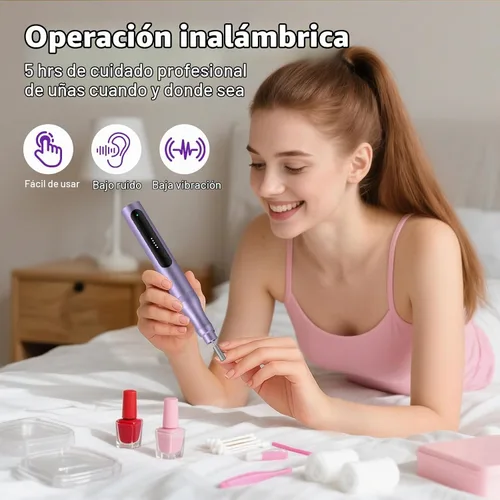 Vista 8 de Kit profesional de taladro de uñas eléctrico, juego de herramientas de manicura de lima de uñas inalámbrica 5 Adjustable Speed, Rechargeable Púrpura