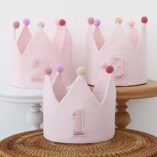 Vista 5 de Muslin Crown Hat First Years Birthday for Baby Girl Party Decoration Pink Headband Rosa