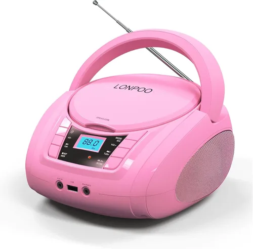 Vista 11 de LONPOO Reproductor de CD portátil Boombox con radio FM/USB/Bluetooth/entrada AUX y salida de jack de auriculares, altavoz de sonido estéreo y Negro