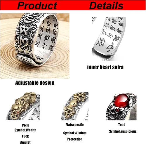 Vista 4 de SONNYX - 8 anillos de Feng Shui Pixiu budista de amuleto de la suerte, mantra, doble protección, anillo de riqueza para hombres y mujeres, anillo