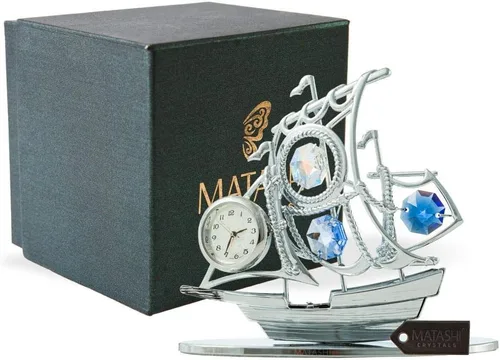 Vista 2 de Matashi Adorno de reloj de vela plateado cromado con cristales azules, elegante reloj de mesa para sala de estar o hogar, regalo de recuerdo