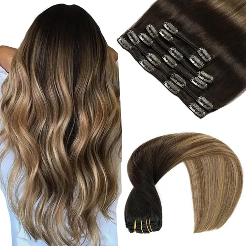 Vista 22 de VINBAO Extensiones de cabello humano con clip, balayage, color marrón ceniza a rubio caramelo, 14 pulgadas, 6 unidades, 3.53 onzas, 6