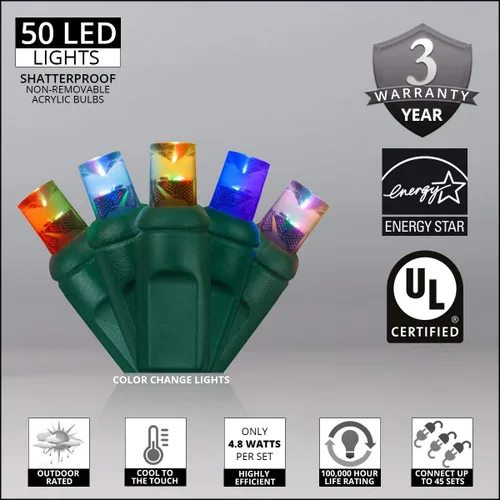 Vista 2 de Wintergreen Lighting 50 luces LED multicolor que cambian de color para Navidad, 17 pies de tira de mini luces de ángulo amplio para interiores