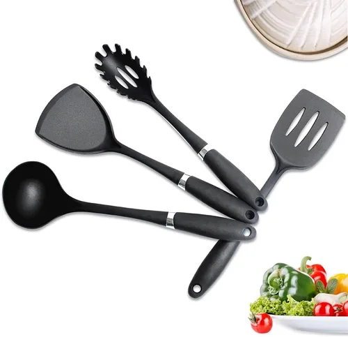 Vista 5 de Juego de herramientas de cocina de nailon resistente a altas temperaturas, kit de palas de 10 piezas de utensilios de cocina negros, suministros