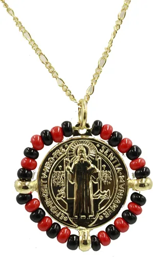 Vista 4 de San Benito Azabache Medalla - Medalla de San Benito Azabache chapado en oro de 18 quilates con cadena de 22 pulgadas