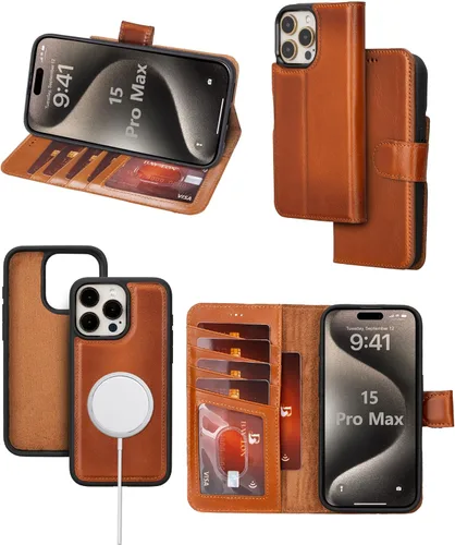 Vista 18 de Bayelon Funda tipo cartera para iPhone 15 Pro, cartera de cuero de grano completo, funda magnética desmontable, tarjetero, funda tipo cartera