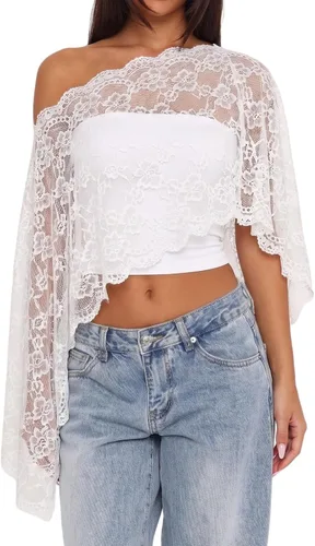 Vista 5 de Poncho de encaje transparente para mujer, chal asimétrico Negro