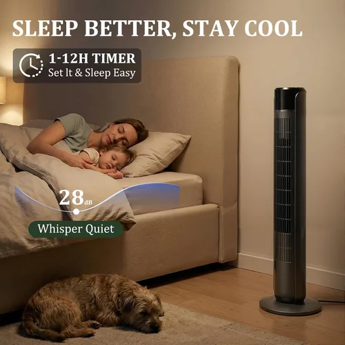 Vista 6 de Tower Fan for Bedroom, Bladeless Cooling Fan with Remote, 60° Oscillating Standing Fan with 28dB Quiet for Sleep, 12H Timer, 5 Speeds 4 Modes, LED