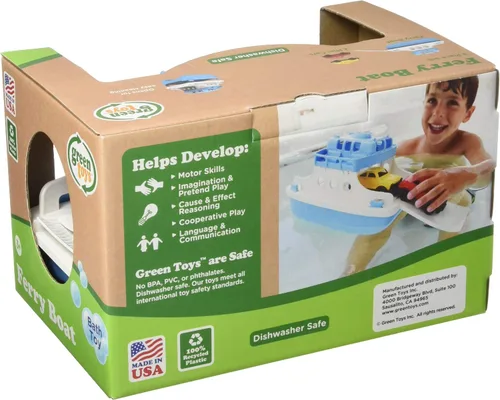 Vista 4 de Green Toys Ferry Boat, azul/blanco 4C - Juego de simulación, habilidades motoras, juguete de baño flotante para niños. Sin BPA, ftalatos, PVC. Apto