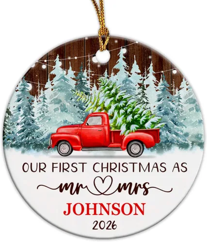 Vista 17 de Adorno de cerámica personalizado para aniversario de Navidad 2025, adorno de cerámica de Navidad de aniversario de boda, adorno de Navidad