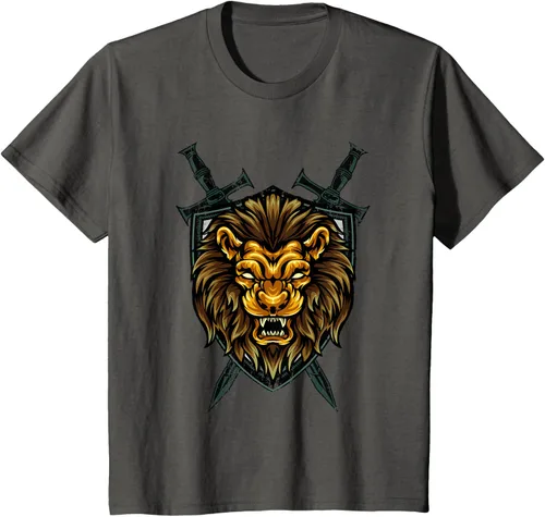 Vista 75 de Camiseta con diseño de caballero medieval renacentista, con diseño de espada de león, Negro, S
