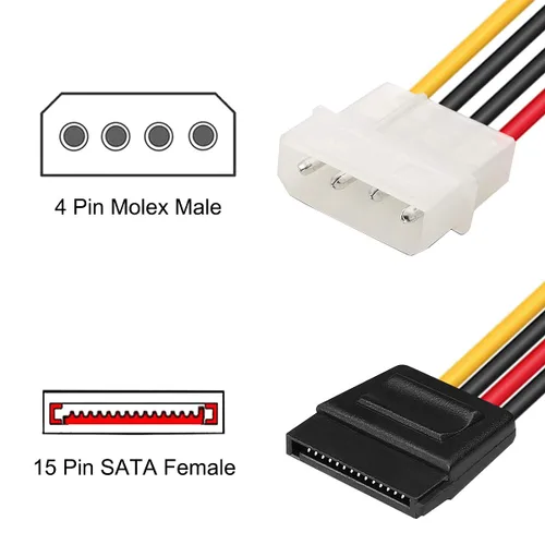 Vista 2 de Paquete de 10 adaptadores SATA a Molex, 4 pines LP4 macho a 15 pines SATA hembra adaptador de cable de alimentación para disco duro SATA, unidad