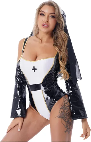 Vista 2 de Sywiyi Trajes de cosplay para mujer, disfraz de monja con pañuelo para la cabeza, fiesta de Halloween