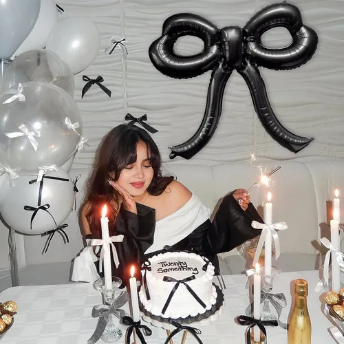Vista 3 de 2 piezas de decoraciones de cumpleaños con lazo, globos de lazo negro, decoraciones de fiesta con lazo, globo gigante de papel de aluminio