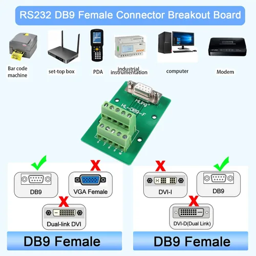 Vista 2 de QIANRENON RS232 DB9 Conector hembra Placa de conexión DB9 hembra a terminal de cableado Adaptador sin soldadura Módulo de bloque de prueba serie