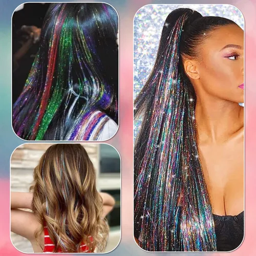 Vista 4 de Kit de oropel para el cabello con herramientas e instrucciones, fácil de usar, 12 colores, 2400 hebras de 48 pulgadas, extensiones de cabello