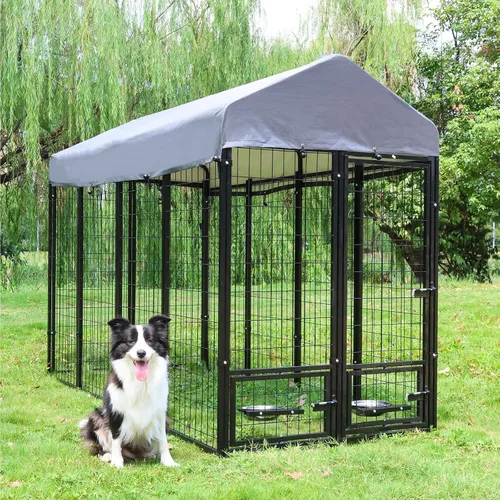 Vista 11 de Perrera para perros al aire libre de 4.5 x 4.5 x 4.9 pies con techo y soportes giratorios para tazones, recinto de metal grande para perros, casa