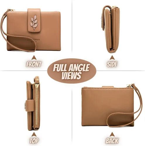 Vista 5 de Cartera pequeña y compacta de piel sintética para mujer, con bloqueo Rfid, con bolsillo, con correa para muñeca, color negro, Café