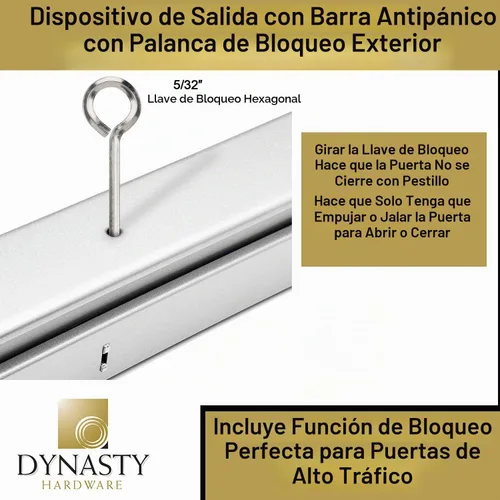 Vista 4 de Dynasty Hardware dispositivo de salida de pánico, barra para empujar, de aluminio, con palanca exterior