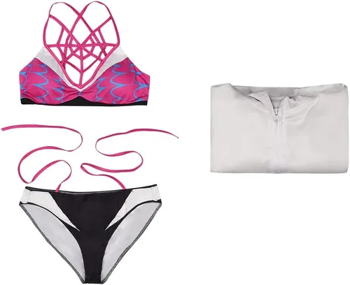 Vista 6 de Traje de baño de superhéroe para mujer, traje de baño de dos piezas, top corto con abrigo
