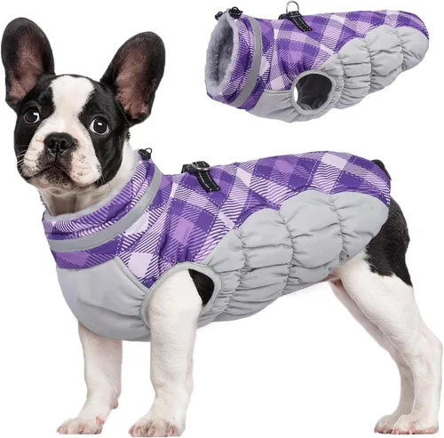 Vista 44 de Abrigo para perro, chaqueta cálida de invierno, acolchada, de vellón, chaleco reflectante con arnés, chaqueta de nieve impermeable con cremallera, a