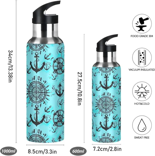 Vista 2 de BPA-Free Sport Water Bottle 32 Oz, Insulated Water Bottle for Gym Outdoor Travel School, Nautical Anchors Teal Black