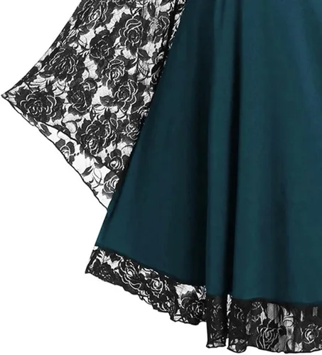 Vista 5 de Vestido medieval para mujer, vestido renacentista con encaje y mangas acampanadas, con tirantes delgados, hombros descubiertos