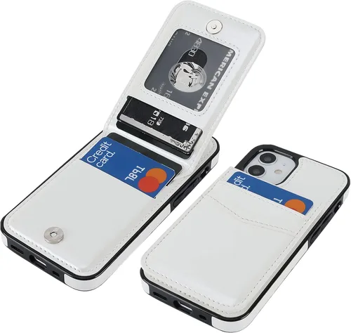 Vista 15 de KIHUWEY - Funda tipo cartera para iPhone 12 Mini, soporte para tarjetas, color negro Ranuras para tarjetas de crédito, piel sintética, cierre