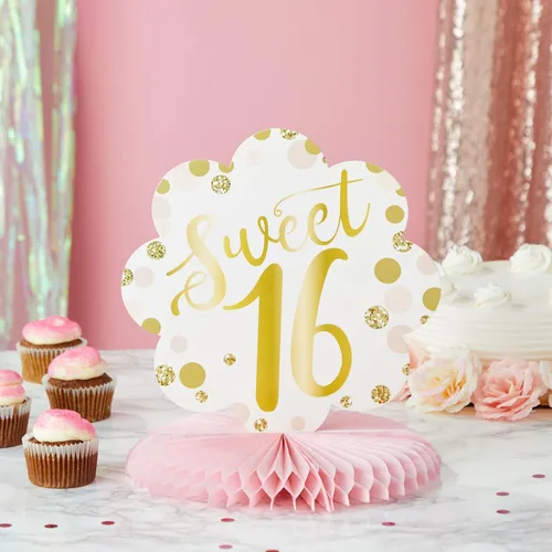 Vista 2 de Sparkle and Bash Sweet 16 - Centros de mesa de panal de abeja, paquete de 6, rosa y dorado, 9-10 pulgadas, adornos de mesa de papel reutilizables