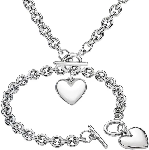 Vista 9 de Juego de collar de plata chapada en oro rosa de 18 quilates, cadena gruesa de acero inoxidable, gargantilla de corazón para mujer, juego de joyería
