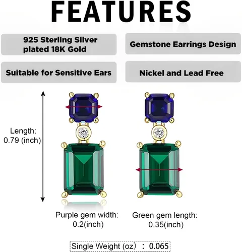 Vista 4 de Aretes de esmeralda chapados en oro de 18 quilates, a la moda, delicados, lindos aretes colgantes de piedras preciosas azules y verdes para mujer