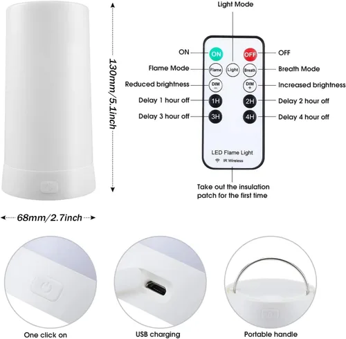 Vista 6 de Luz LED con efecto de llama, lámpara de fuego recargable USB con control