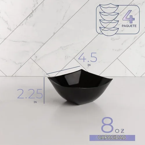 Vista 7 de PLASTICPRO Cuencos cuadrados desechables para servir, aperitivos o ensaladas, plástico negro, paquete de 4, 8 onzas, color negro
