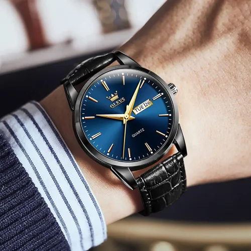 Vista 3 de OLEVS Relojes para hombres de cuero marrón caja dorada analógico cuarzo moda negocios vestido reloj día fecha luminoso impermeable casual masculino