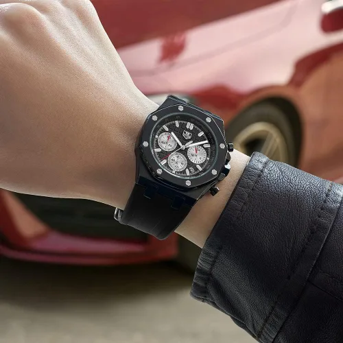 Vista 5 de Men's Watch Silicone Band, Quartz Analog Waterproof Multifunction Chronograph Sports Watch for Men with Calendar Black Rubber Strap