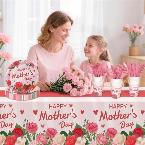Vista 6 de Childom Decoraciones del Día de la Madre para fiestas, 132 platos desechables para el Día de la Madre, mantel, tazas, cuchillos, cucharas, tenedores