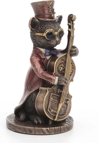 Vista 2 de Veronese Design Figura de animal de resina de 5 1/4 pulgadas de alto Steampunk Cat Funky Fresh Jazz Bass Musician Resin Animal Acabado Bronce
