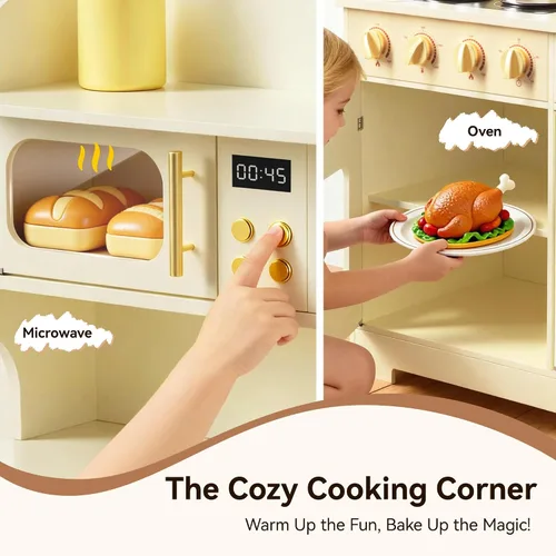 Vista 4 de Juego de cocina para niños con diseño giratorio, juego de cocina de madera para niños con máquina de hielo, juego de cocina de juguete para niños
