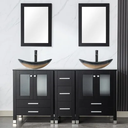 Vista 16 de LUCKWIND 60" Double 24" Bathroom Vanity with Sink Combo, Elegant Series with One 12.6-in Side Cabinet, Painted Frame, Including Tempered Glass Round