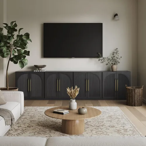 Vista 68 de BELLEZE Centro de entretenimiento modular de 4 piezas con almacenamiento, 2 vitrinas de madera moderna con gabinete arqueado y 2 armarios de puerta