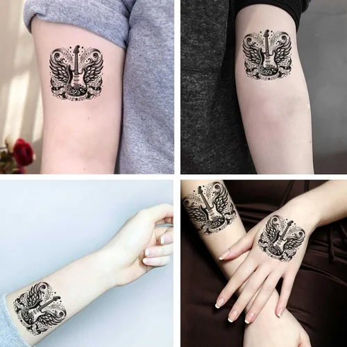 Vista 3 de 6 hojas de tatuajes falsos temporales para hombres y adultos, guitarra eléctrica, rosas, alas de ángel, notas musicales, rollo de rock, tatuaje