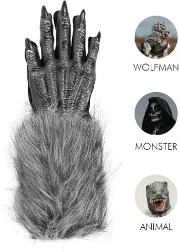 Vista 4 de Skeleteen Guantes de disfraz de mano de hombre lobo Manos de garra de lobo peluda gris, accesorios de disfraz de monstruo para niños y adultos, Gris