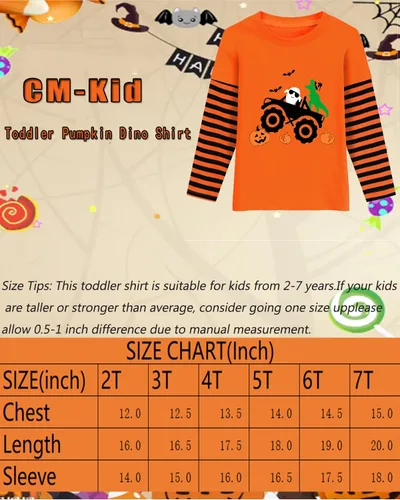 Vista 7 de CM-Kid Camisa de Halloween para niños pequeños y niñas, diseño de calabaza, esqueleto, fantasma, dinosaurio, rayas, camisetas de manga larga
