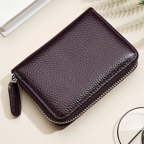 Vista 10 de Cartera de cuero genuino con bloqueo RFID, billetera con cremallera de lujo para mujeres con monedero, Color café, Classic