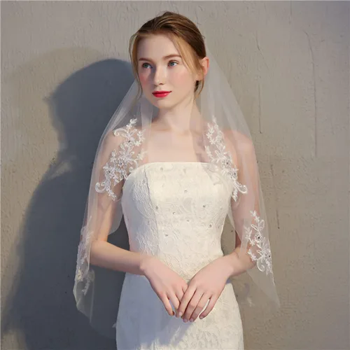 Vista 6 de Sepniell Velo de novia de encaje con peine y apliqus accesorios para el cabello cosido para boda blanco