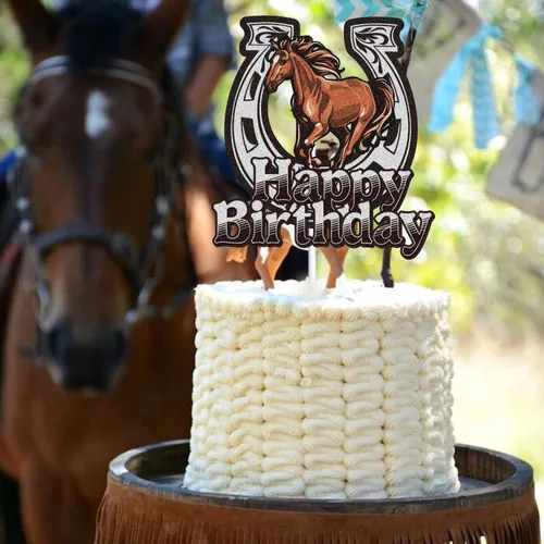 Vista 4 de Decoración para pastel de cumpleaños con temática de caballos de granja de animales, decoración de fiesta de cumpleaños de caballos de carreras