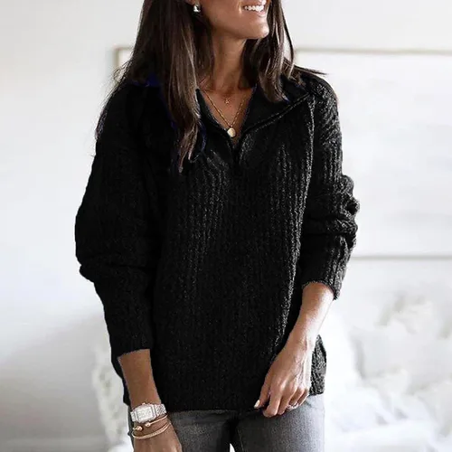 Vista 2 de Suéteres de otoño para mujer 2023 de manga larga a la moda con bloques de color patchwork suéter casual de cuello redondo suéter de punto