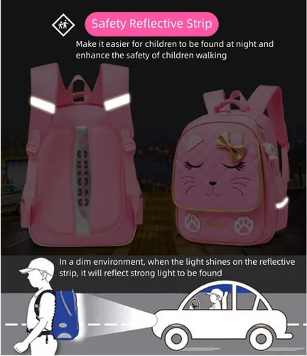 Vista 6 de Mochila con ruedas para niñas, mochila escolar, con estampado de cara de gato, equipaje de mano con ruedas, 2 ruedas rosa, L, Estilo A -2 Ruedas