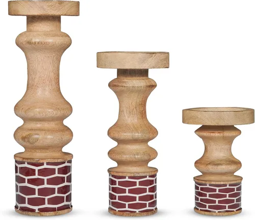 Vista 10 de Mela Artisans Pakshi - Juego de 3 portavelas de madera de mango de 6, 9 y 12 pulgadas, color blanco envejecido, portavelas de madera para mesa