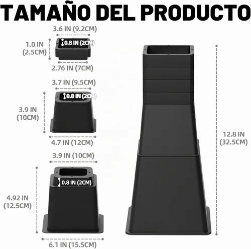 Vista 3 de Elevadores de cama de 12 pulgadas, resistentes, ajustables para cama, sofá, mesa, silla, soporta hasta 1500 libras (juego de 4, negro)